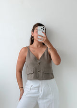 Size S-M Taupe Tailored Button-Front Vest Top