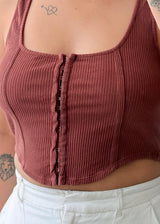 Size S-M Brown Ribbed Button-Front Crop Top