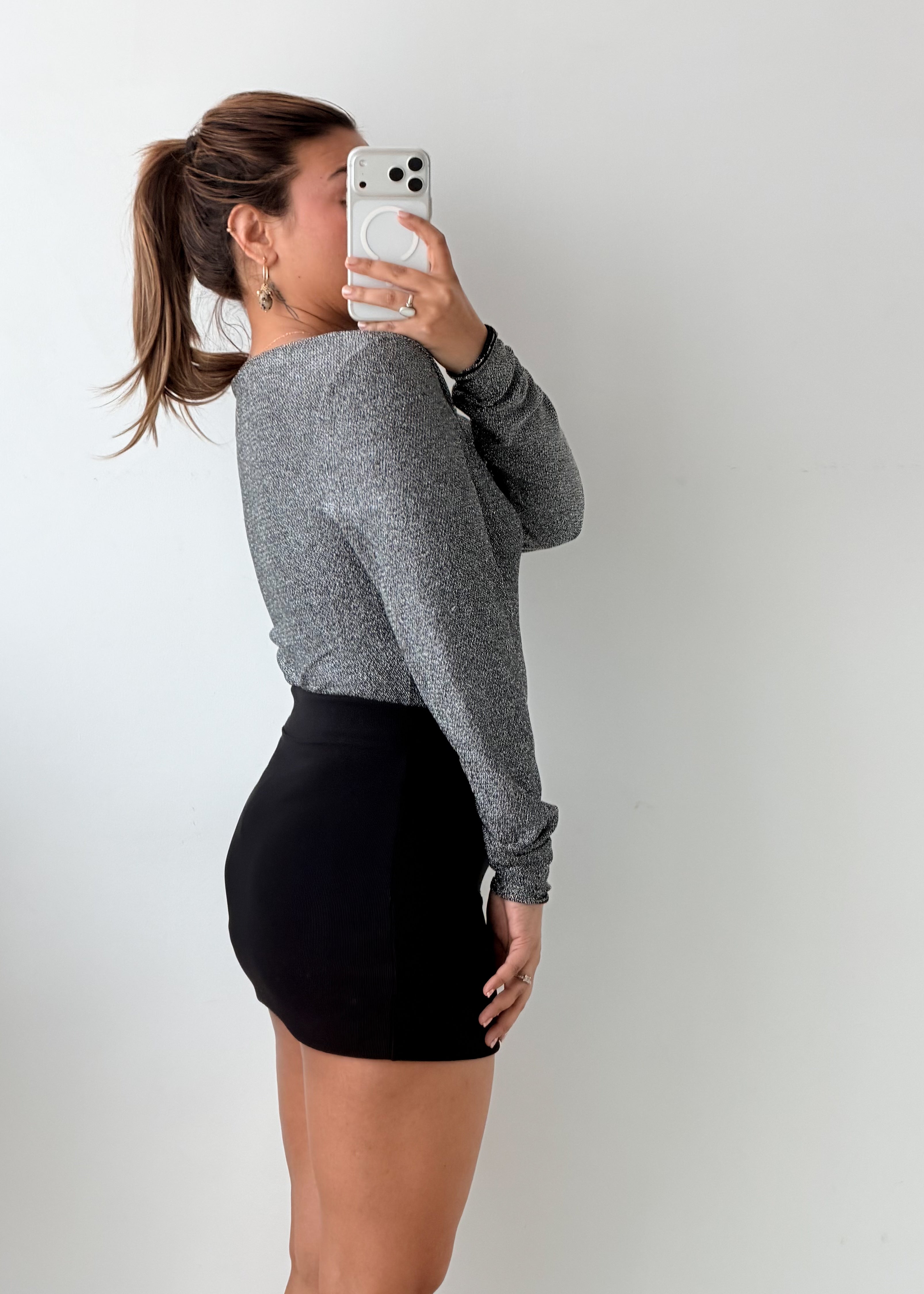 Size M-L Grey V-Neck Shimmer Bodysuit