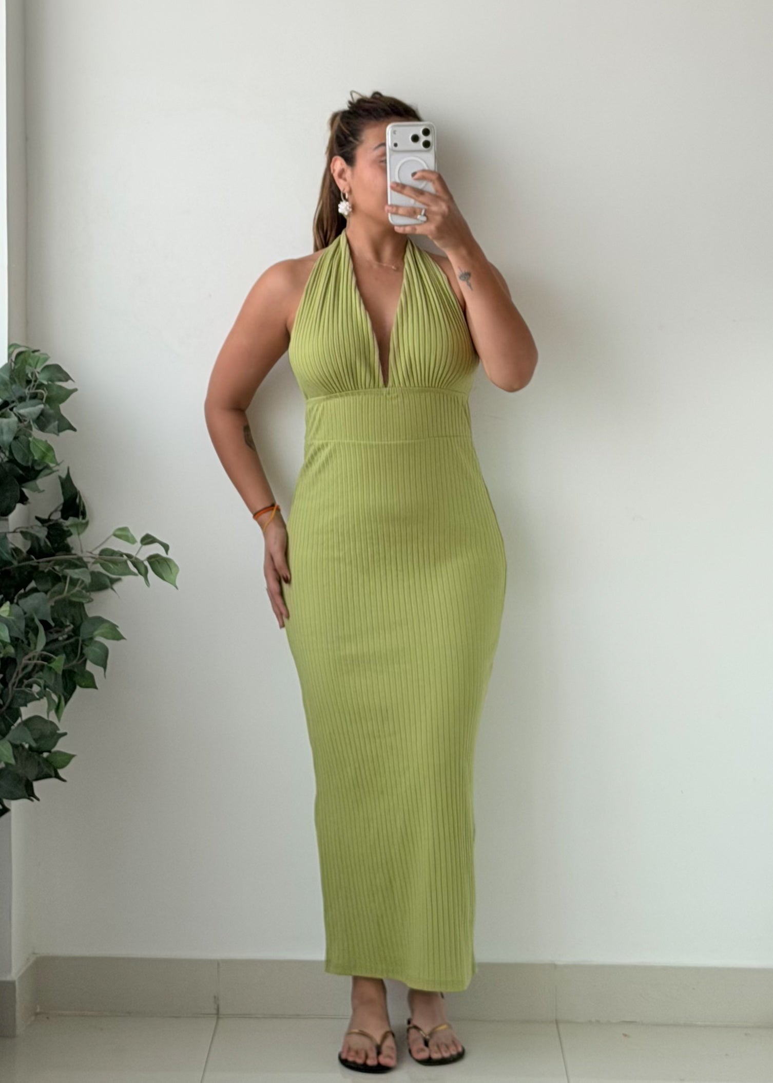 Size S-M Lime Green Halter Neck Ribbed Maxi Dress