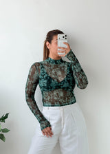 Size S-M Teal Printed Sheer Mesh Top