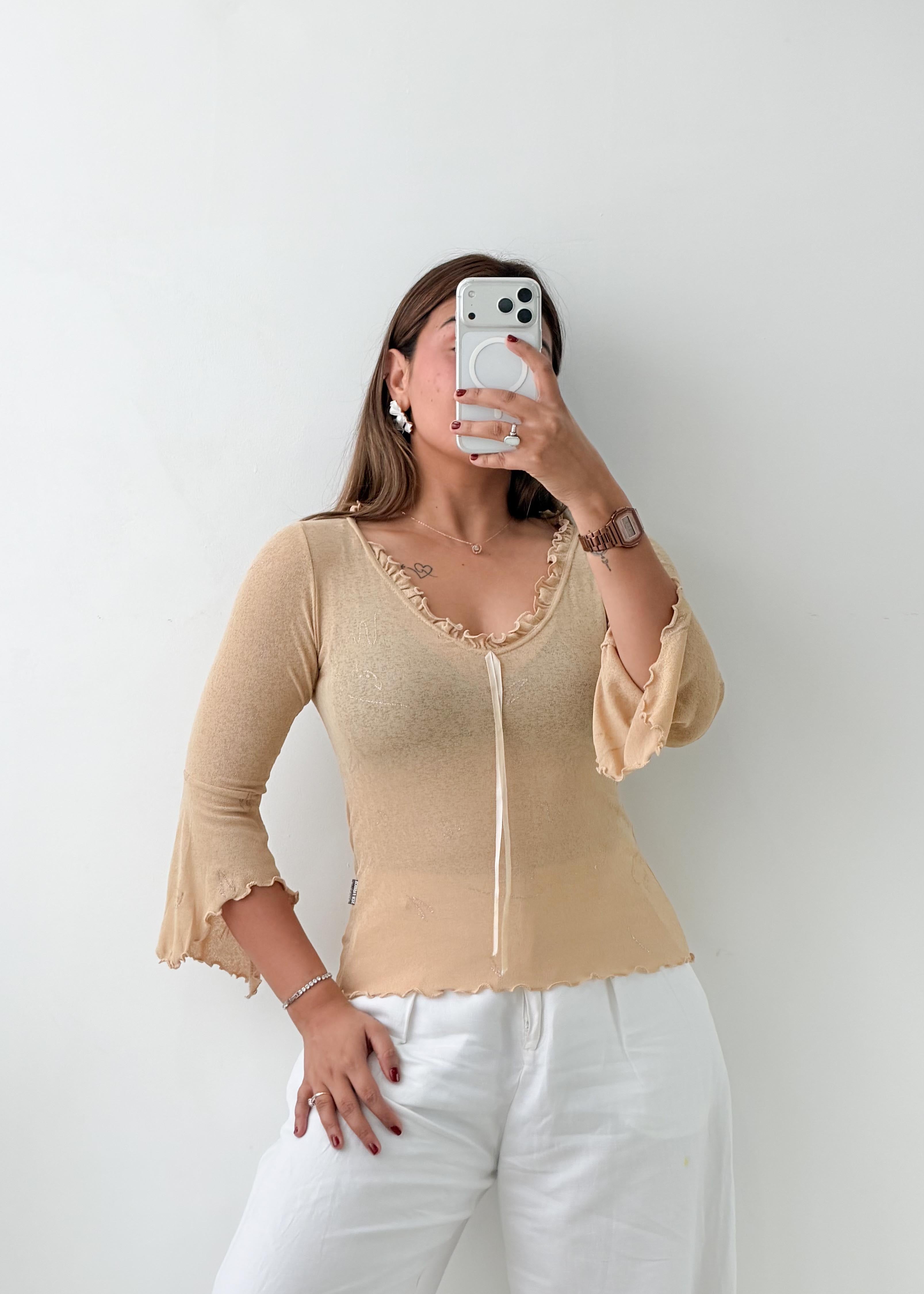 Size S-M Beige Ruched Lace-Up Top