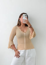 Size S-M Beige Ruched Lace-Up Top
