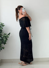 Size M-L Black Off-Shoulder Crochet Maxi Dress