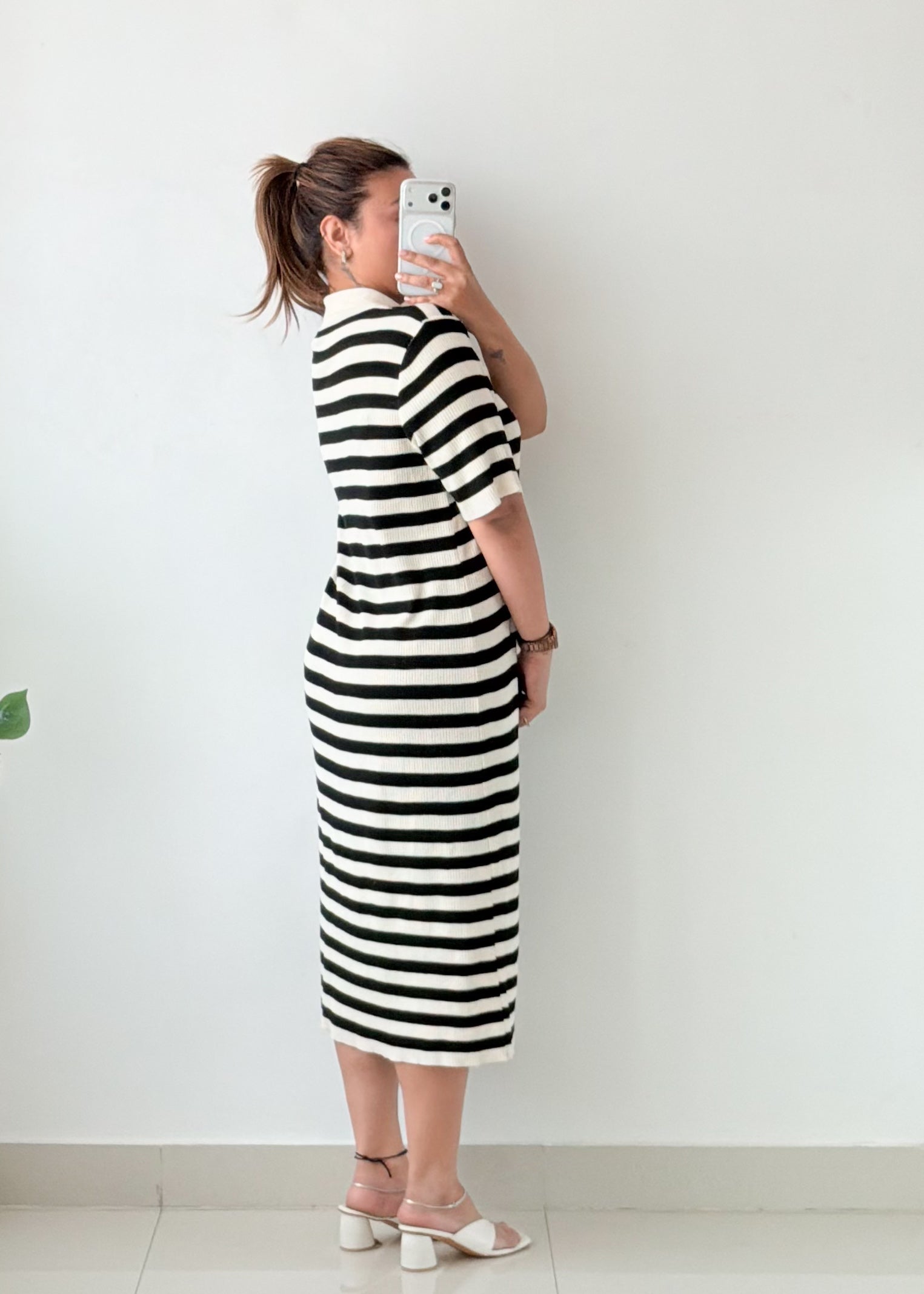 Size L-XL Black White Striped Polo Midi Dress