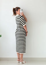 Size L-XL Black White Striped Polo Midi Dress