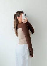 Size M-L Brown Beige Mesh Sleeve Top