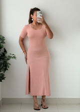Size XS-S Peach Pink Short Sleeve Slit Maxi Dress