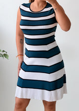 Size M-L Teal White Striped Fit And Flare Dress
