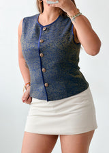 Bust 35, Blue Textured Button-Front Vest Top