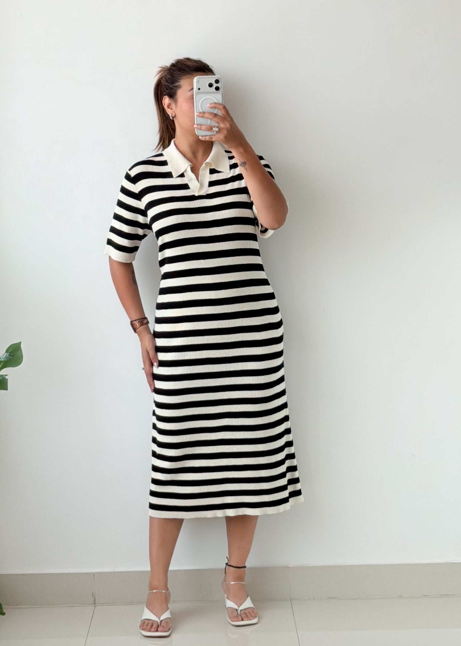 Size L-XL Black White Striped Polo Midi Dress