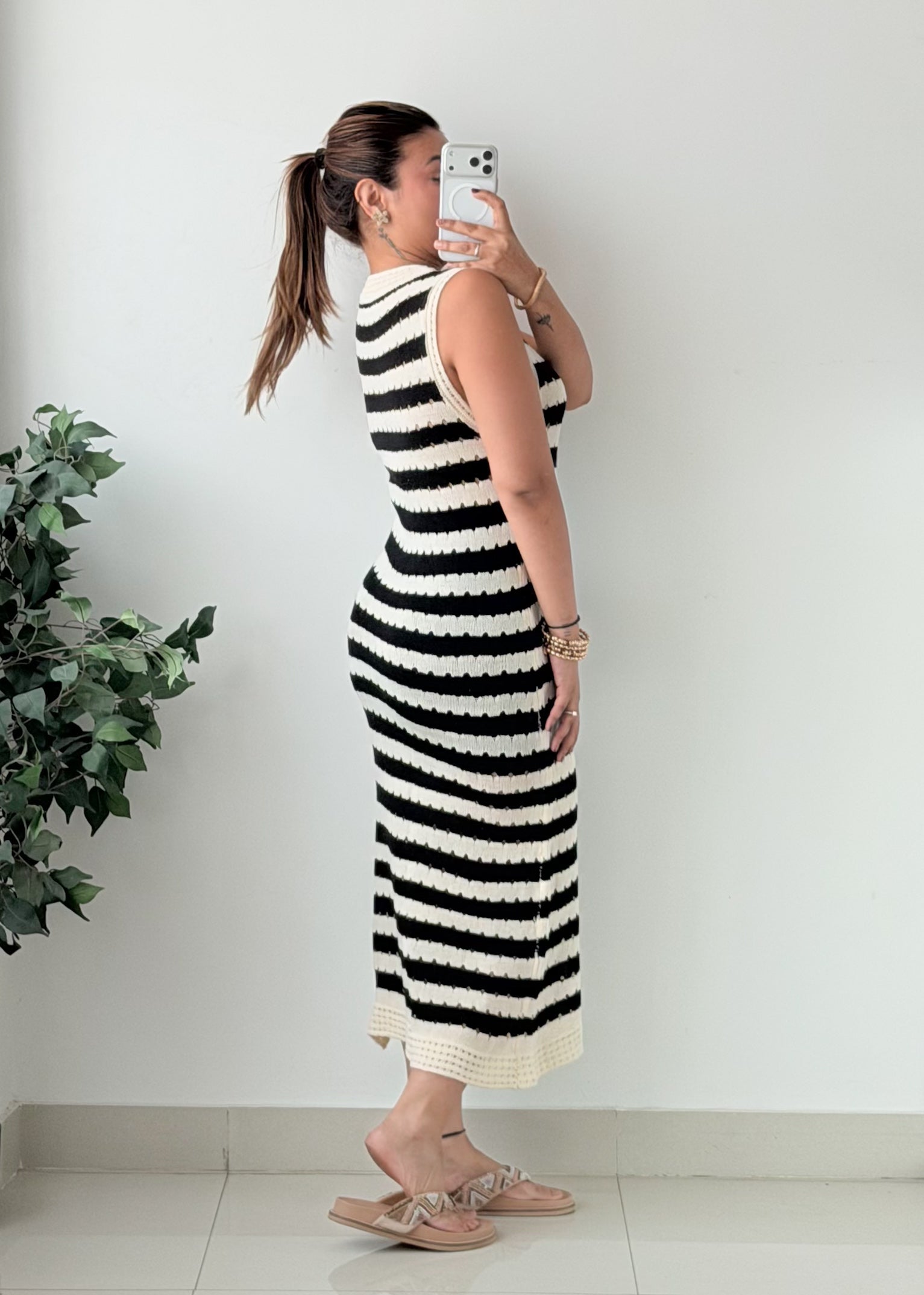 Size S-M Black White Striped Crochet Maxi Dress