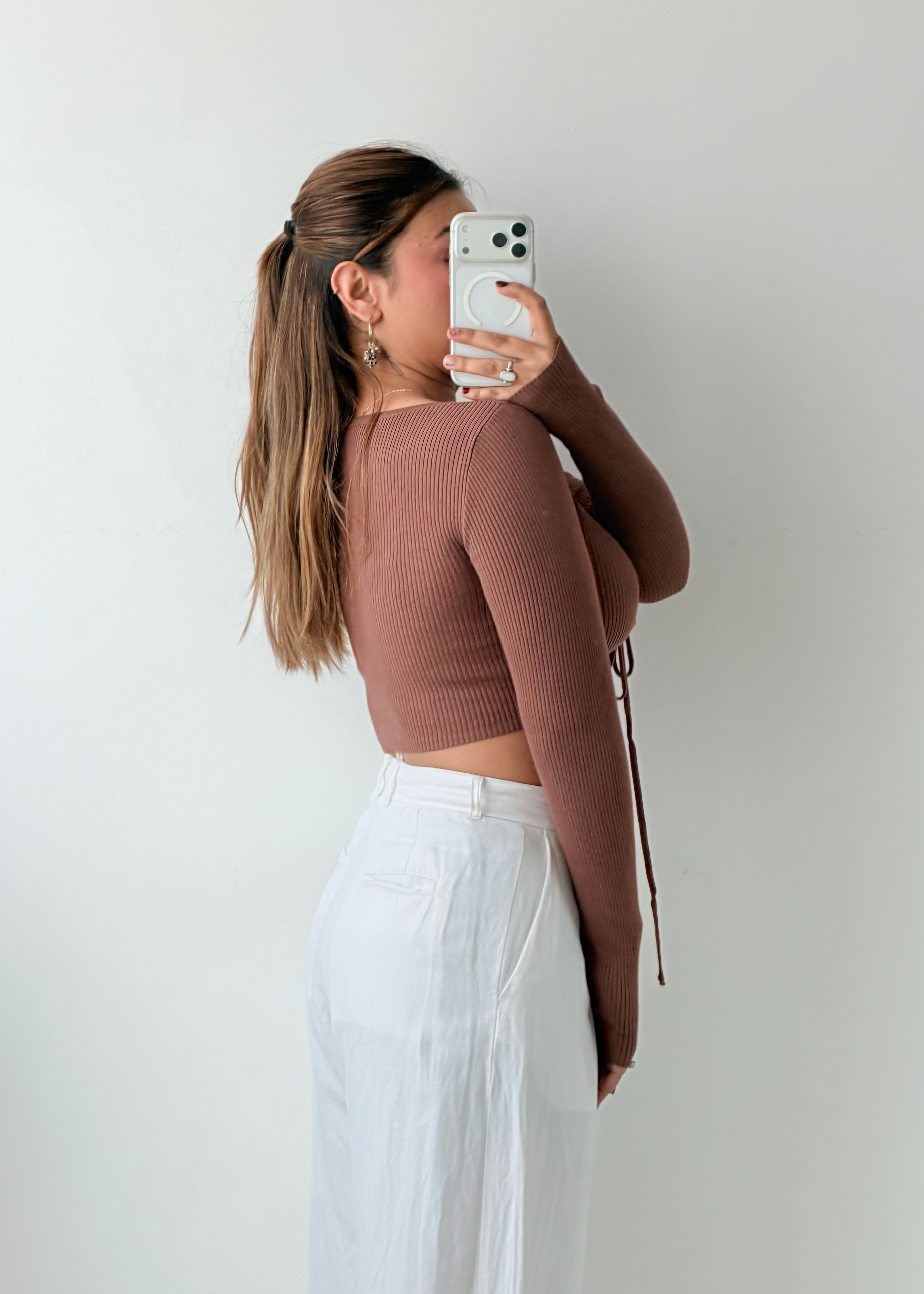 Size S-M Mocha Ruched Crop Top