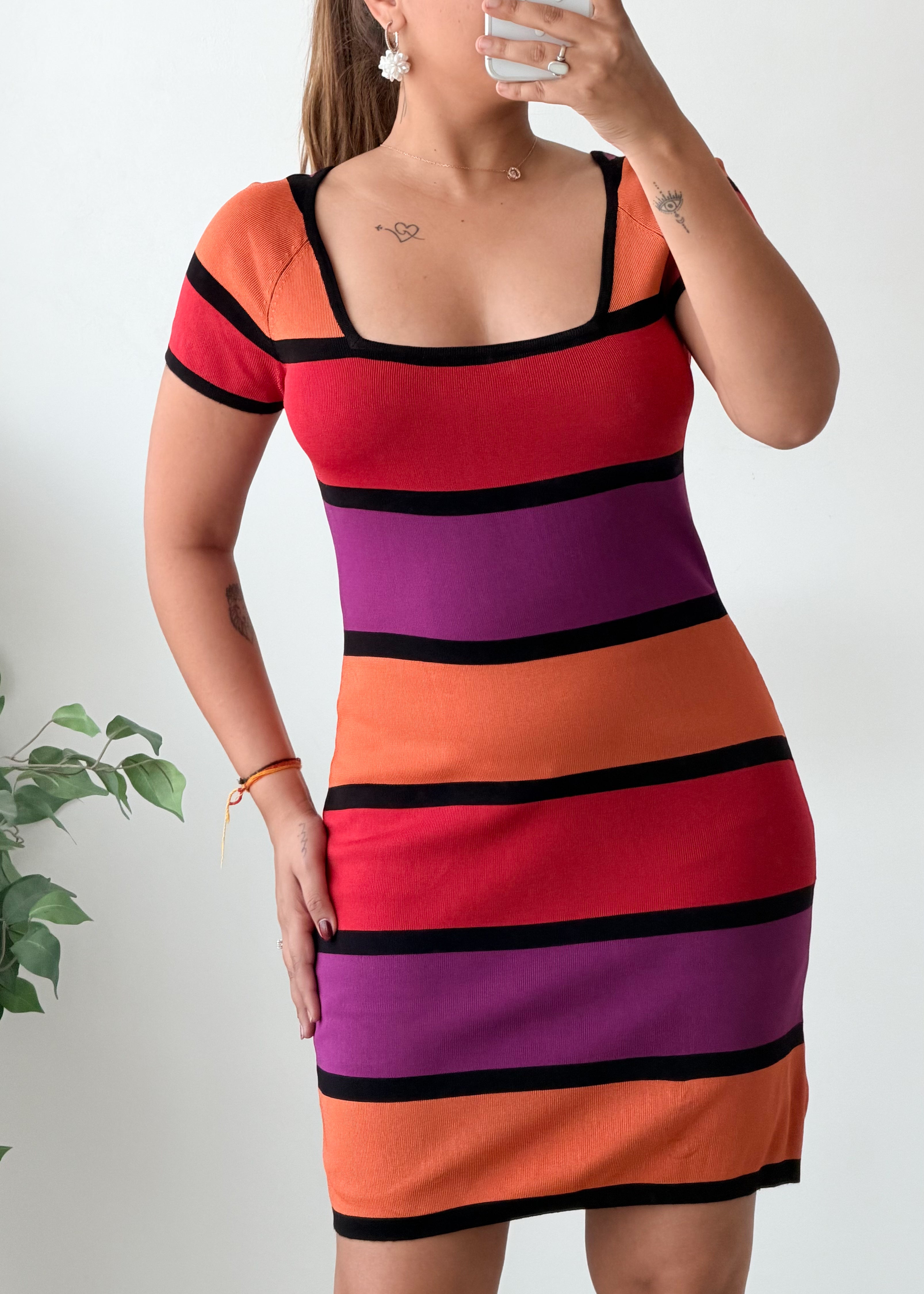 Size M-L Multicolour Striped Square Neck Bodycon Midi Dress