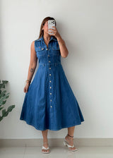 Size XS-S Blue Denim Button Flare Dress