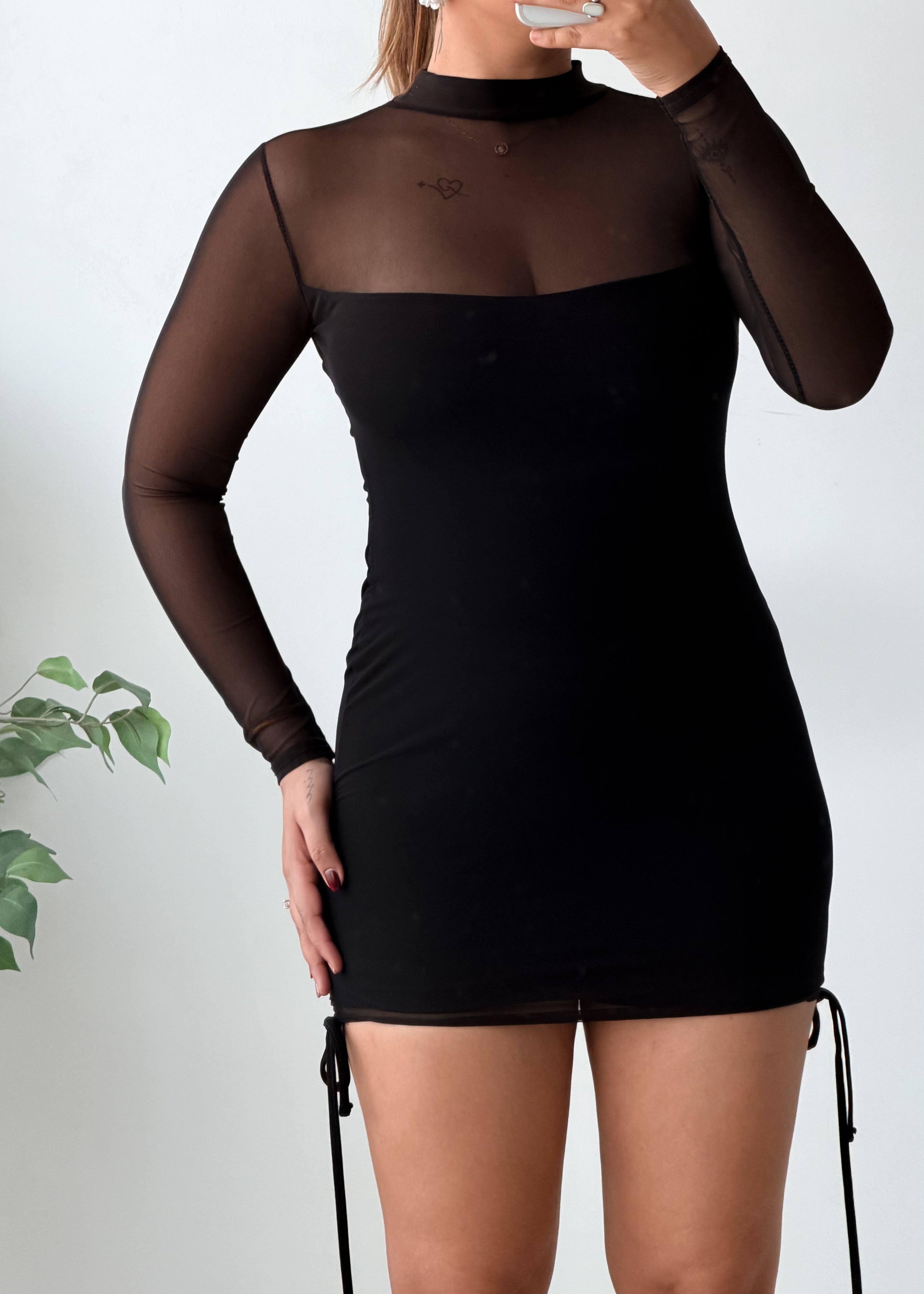 Size XS-S Black Sheer Mesh High Neck Bodycon Mini Dress