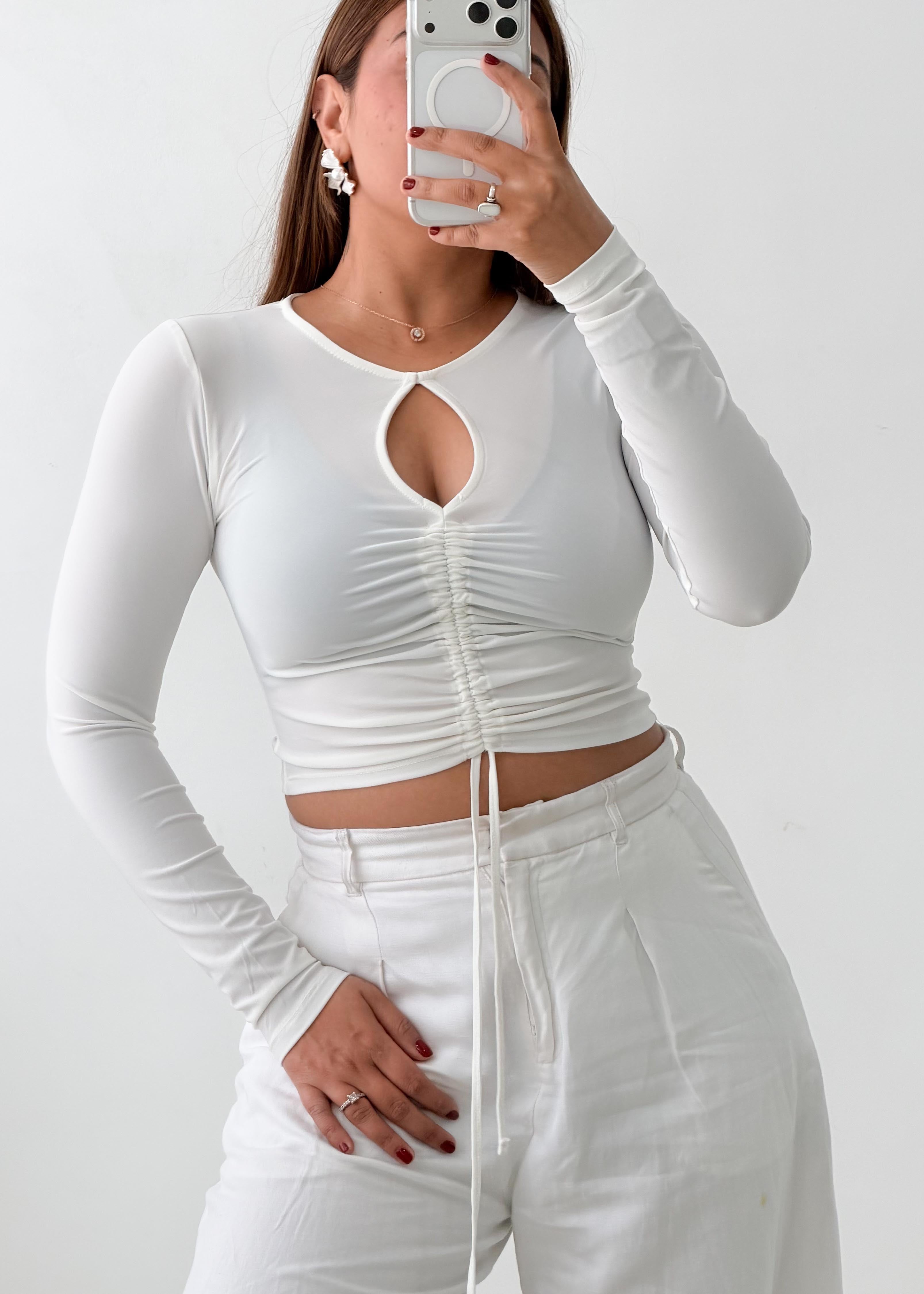 Size XS-S White Keyhole Ruched Crop Top