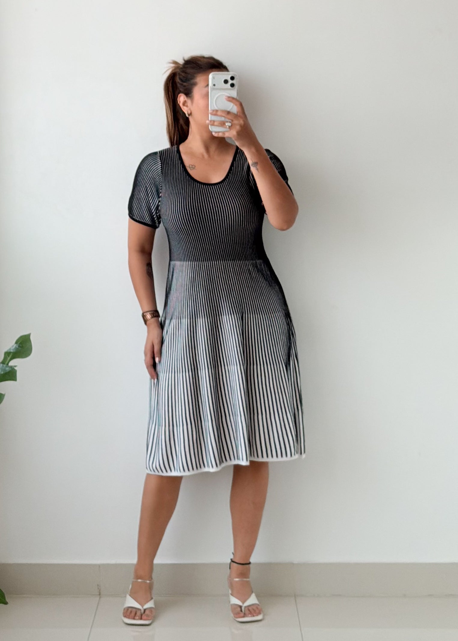 Size M-L Black White Striped Fit & Flare Dress