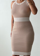 Size S-M Beige Contrast Trim Midi Dress