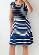 Size M-L Navy White Striped Fit Flare Dress