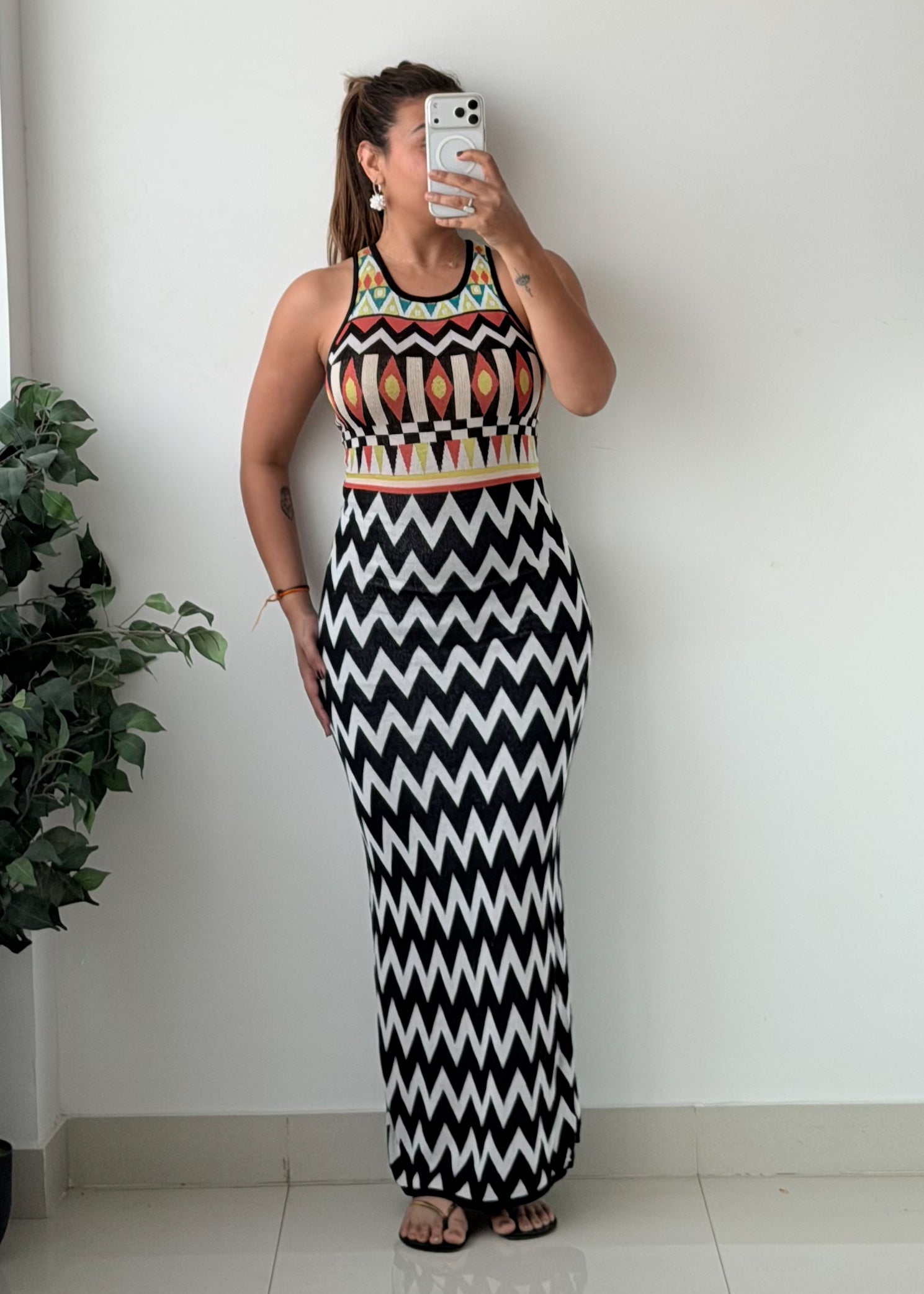 Size S-M Black White Geometric Printed Halter Neck Maxi Dress