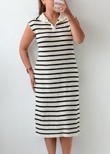 Size M-L Black White Striped Polo Midi Dress