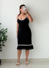Size S-M Black Lace Trim Midi Dress