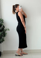 Size M-L Black Ribbed Sleeveless Bodycon Midi Dress