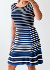 Size M-L Navy White Striped Fit Flare Dress