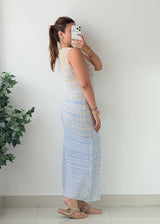 Size S-M Pastel Blue Yellow Striped Crochet Maxi Dress