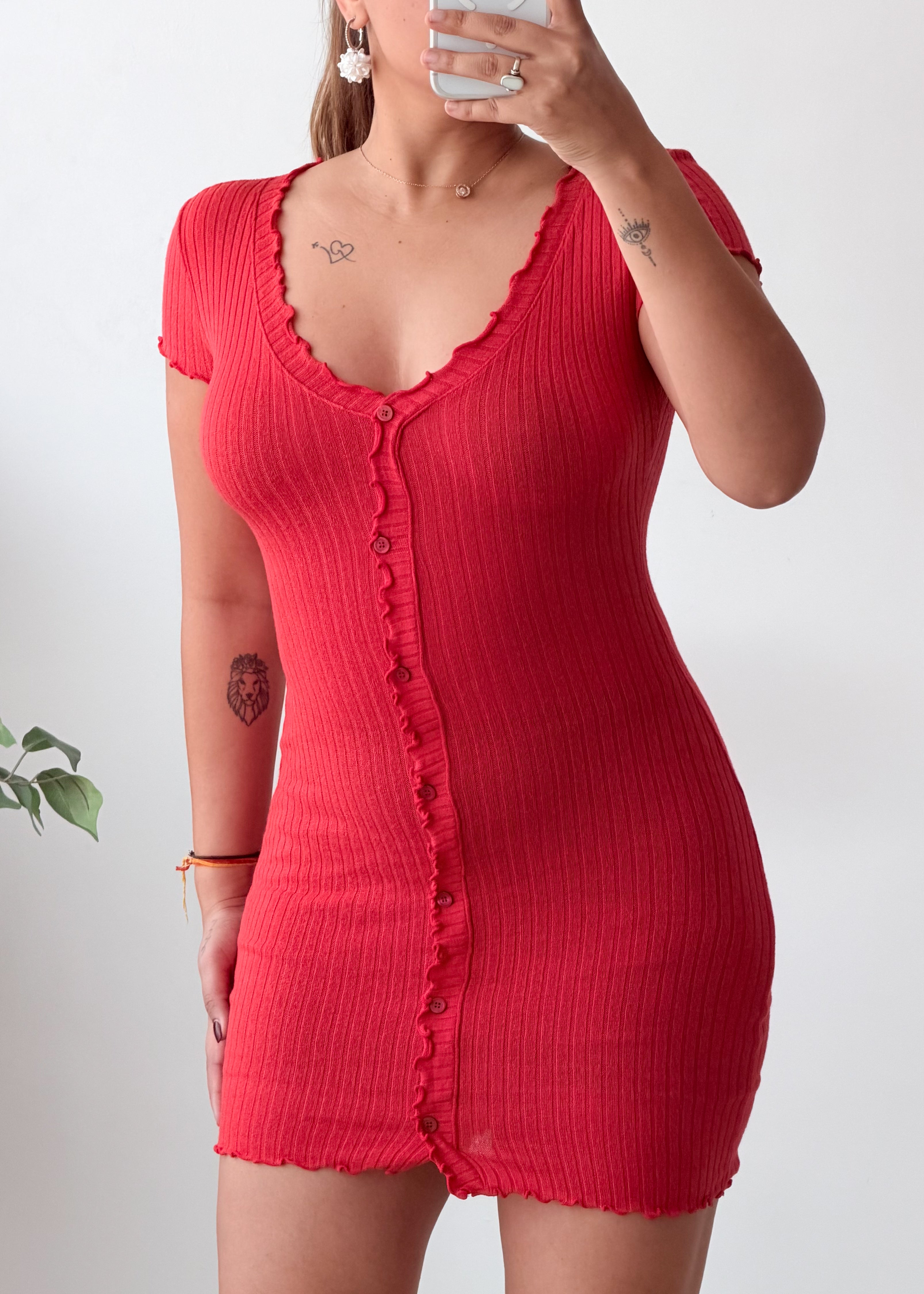 Size XS-S Red Ribbed Button Front Mini Dress