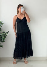 Size XS-M Black Tiered Crochet padded Maxi Dress