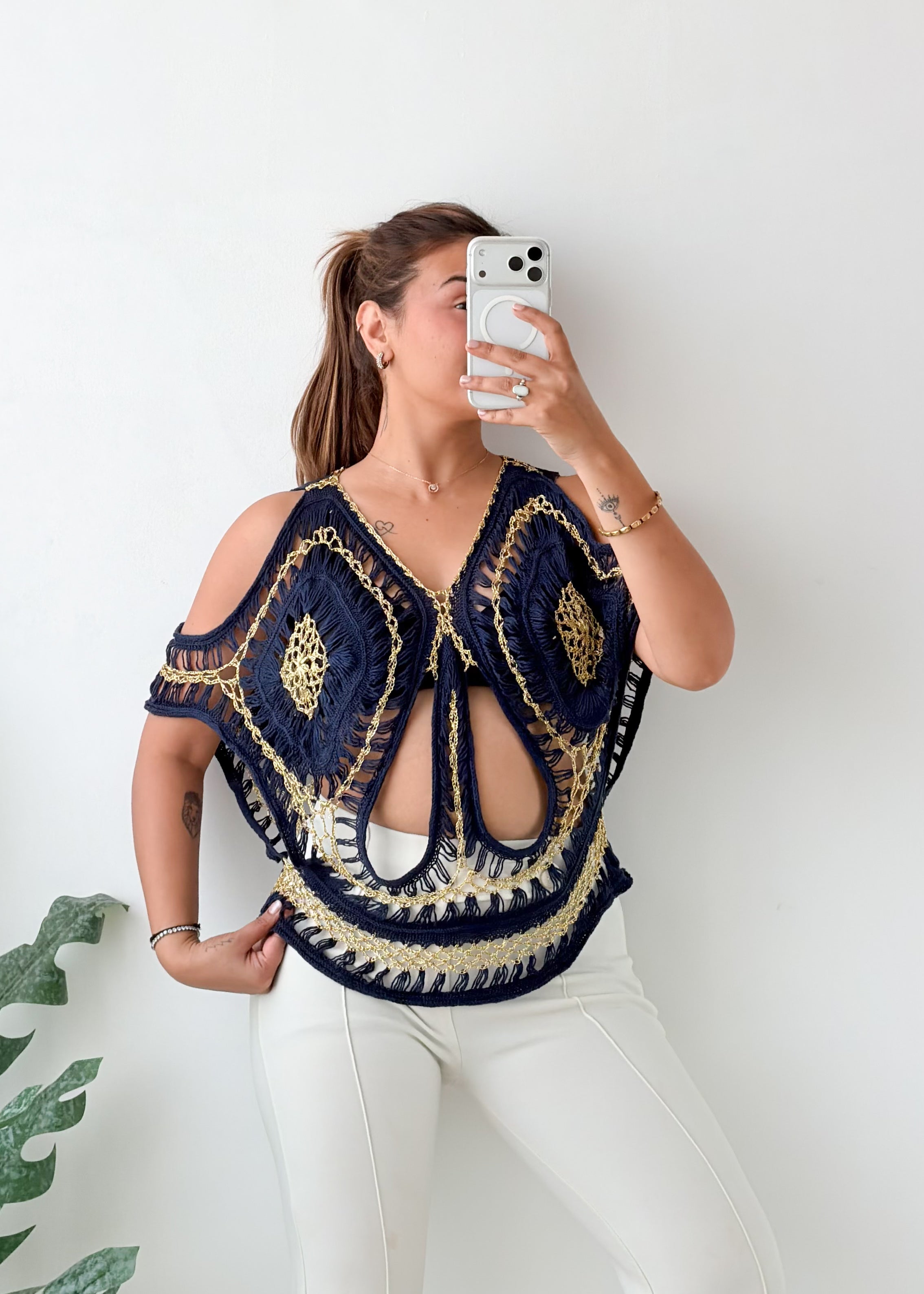 Size XS-M Navy Gold Embellished Crochet Top