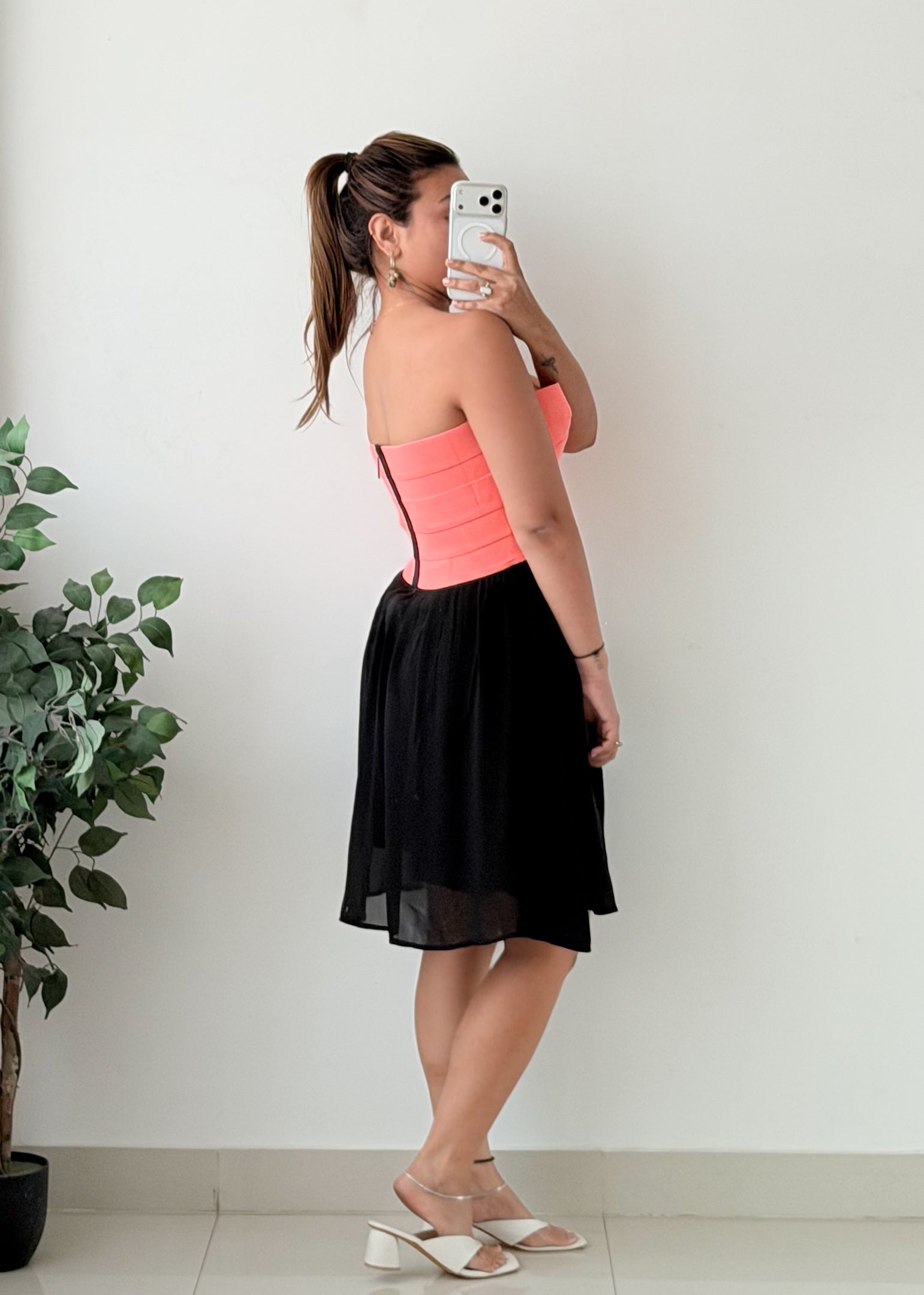 Size M-L Coral Black Contrast Party Dress