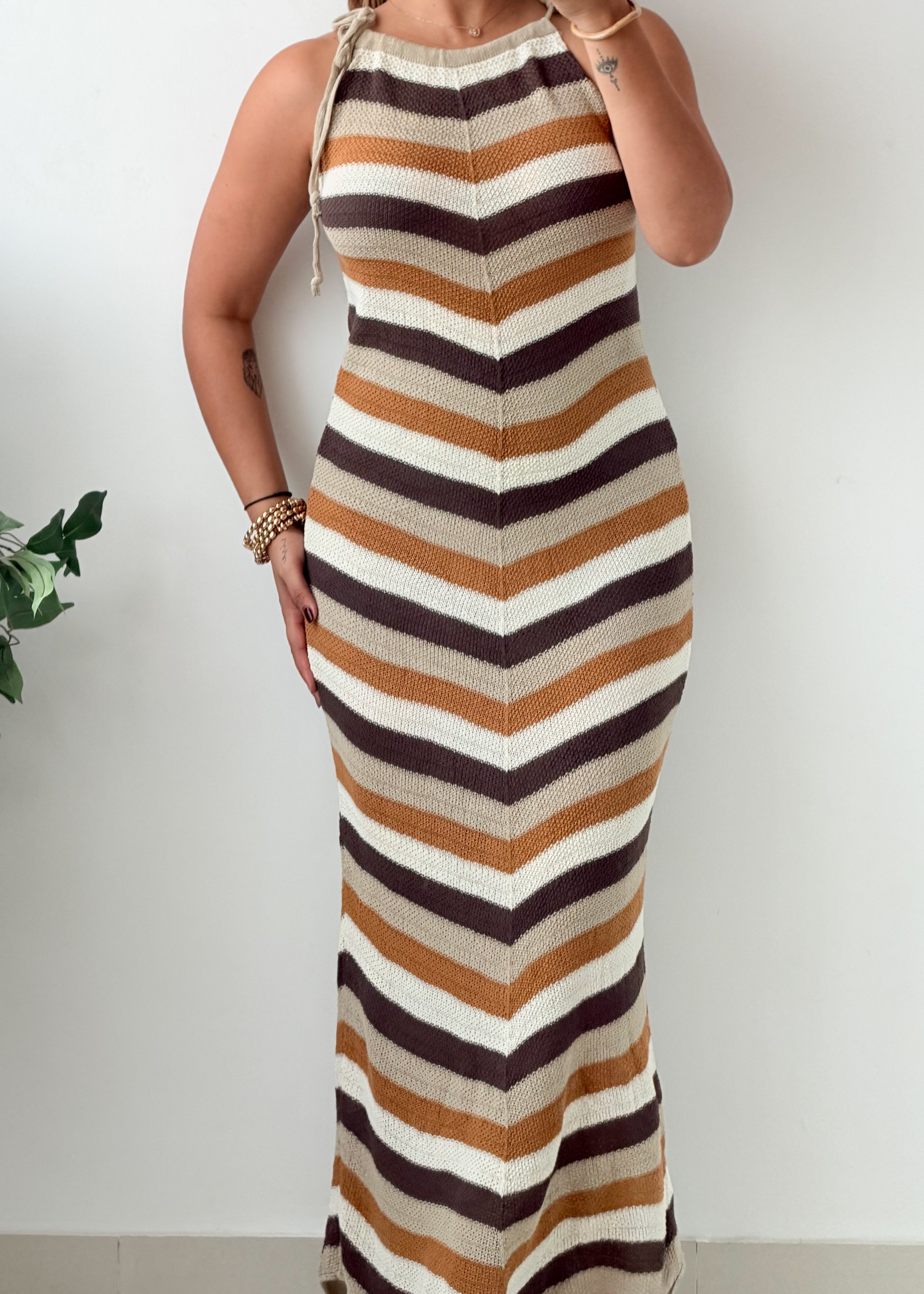 Size M-L Multicolor Striped Crochet Maxi Dress