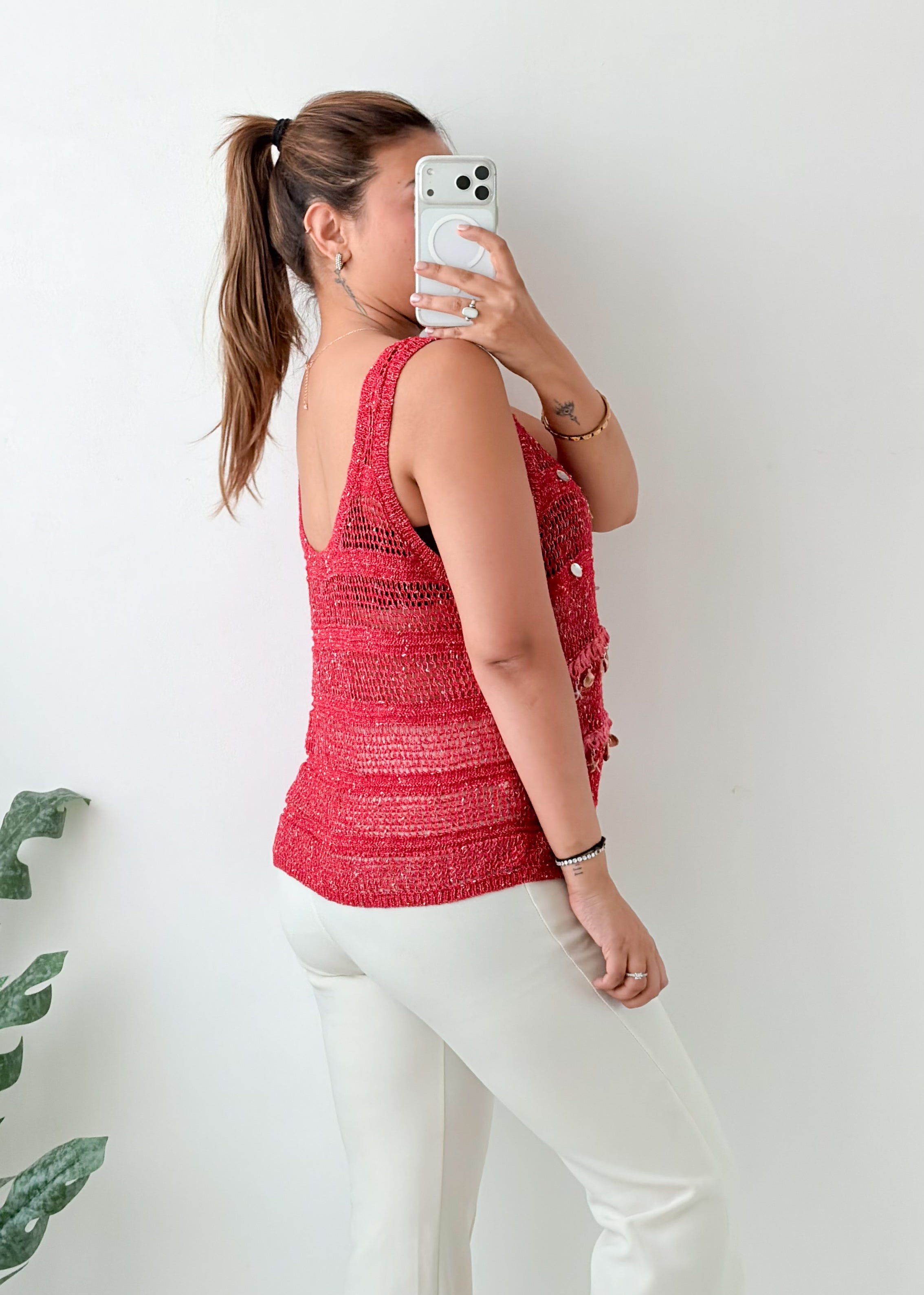 Size L-XL Pink Embellished Crochet Tank Top