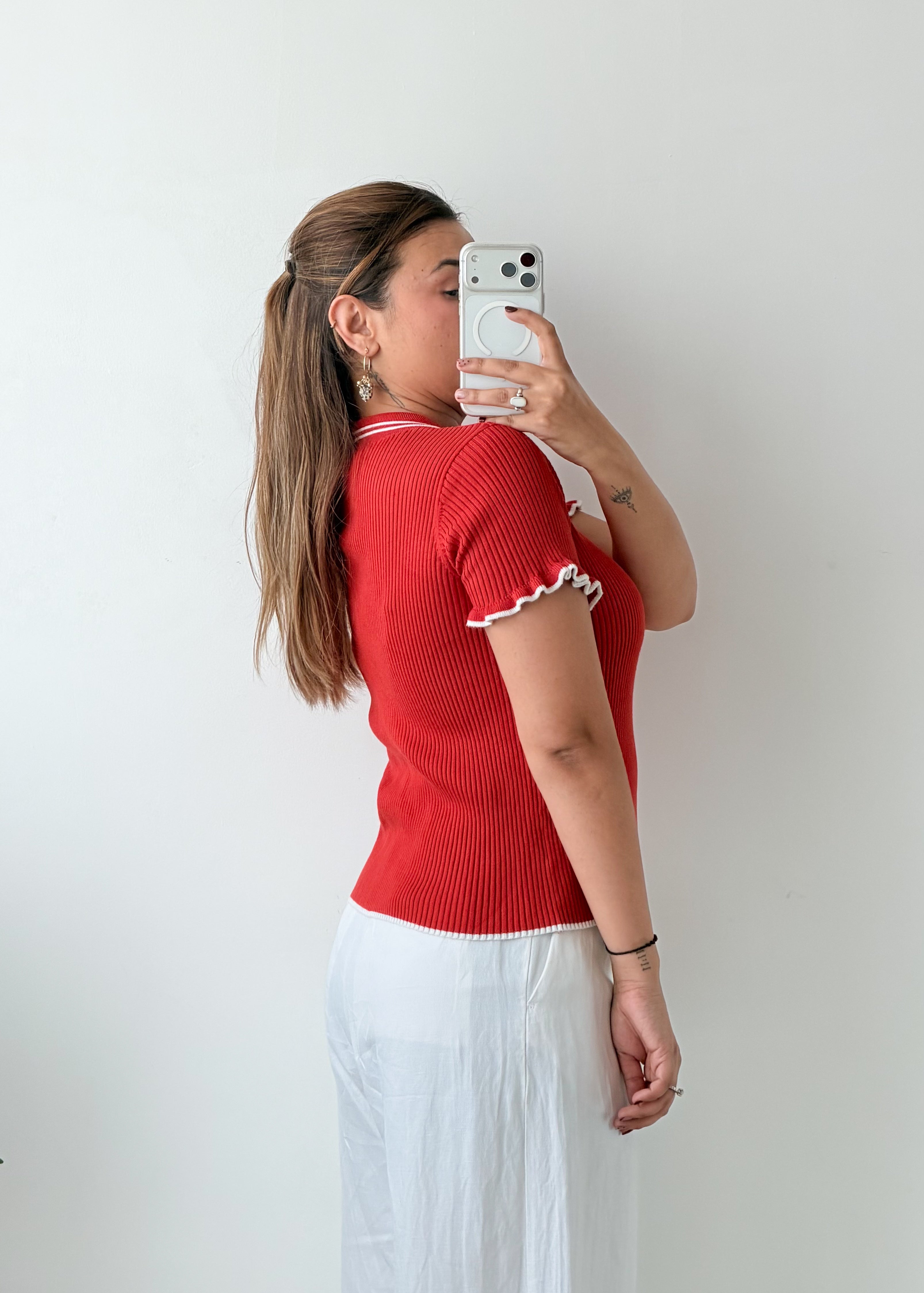 Size L-XL Rust Ribbed Polo Top