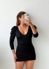 Size S-M Black Puff Sleeve V-Neck Bodysuit