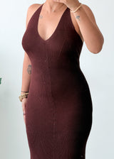 Size XS-M Brown Crochet Ribbed Halter Neck Maxi Dress