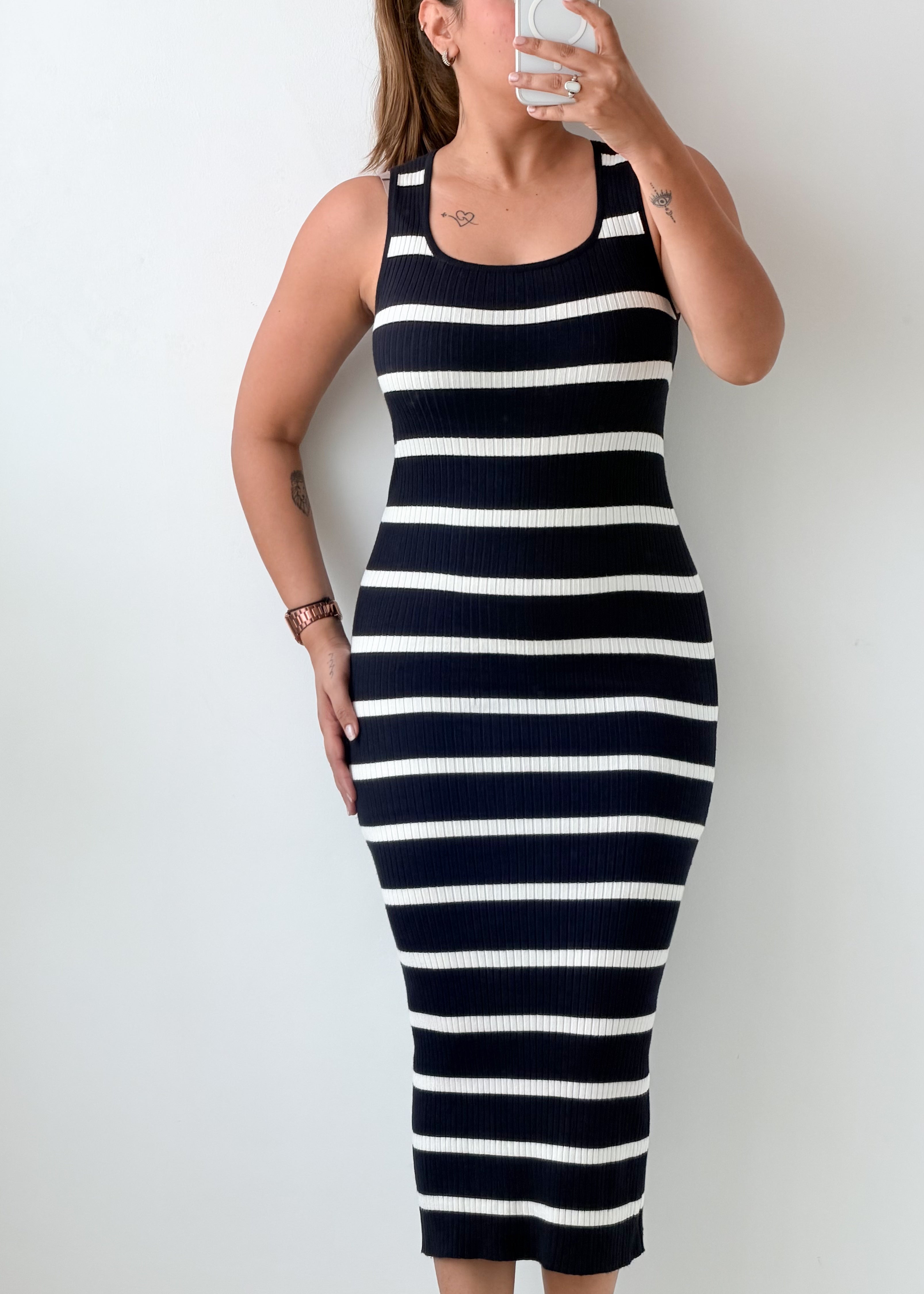 Size XS-S Black White Striped Ribbed Midi Dress
