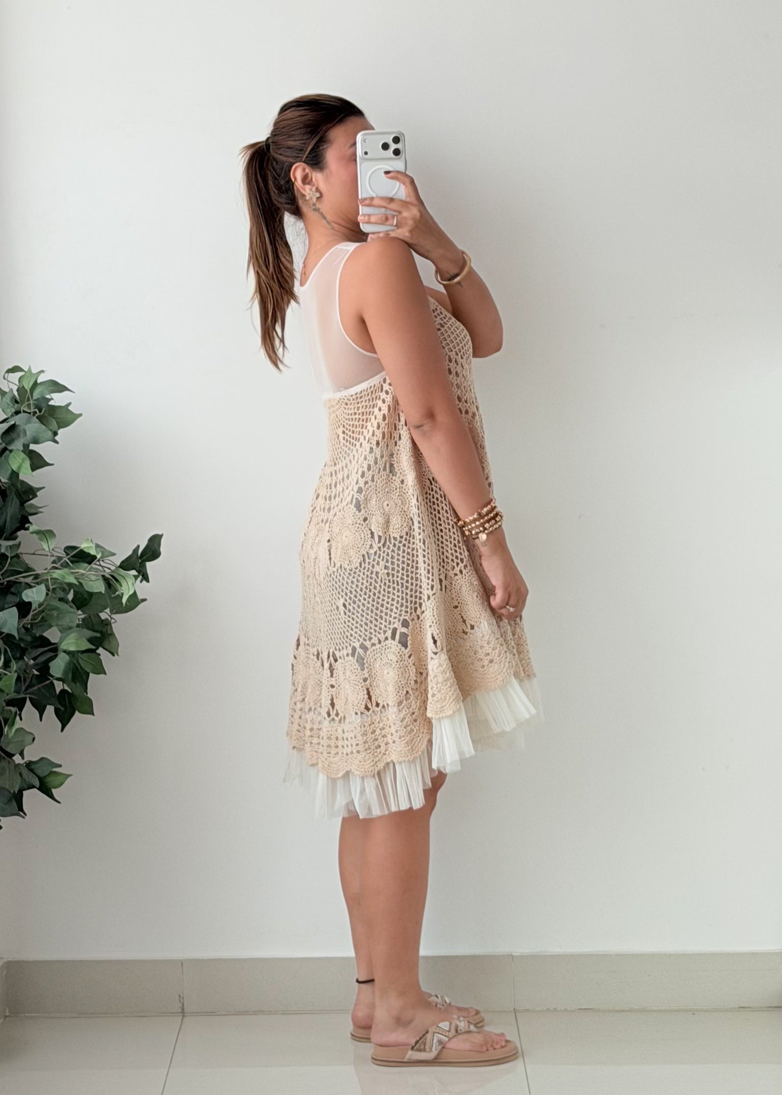 Size S-M Beige Crochet Lace Fit-and-Flare Dress