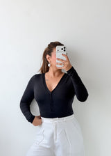 Size XS-S Black Button-Front V-Neck Bodysuit