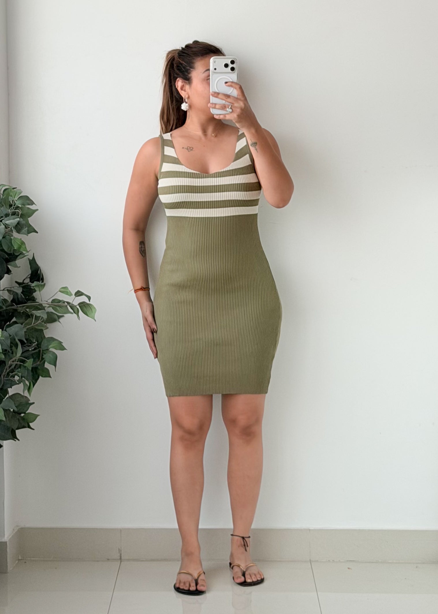 Size S-M Olive Green Striped Bodycon Mini Dress