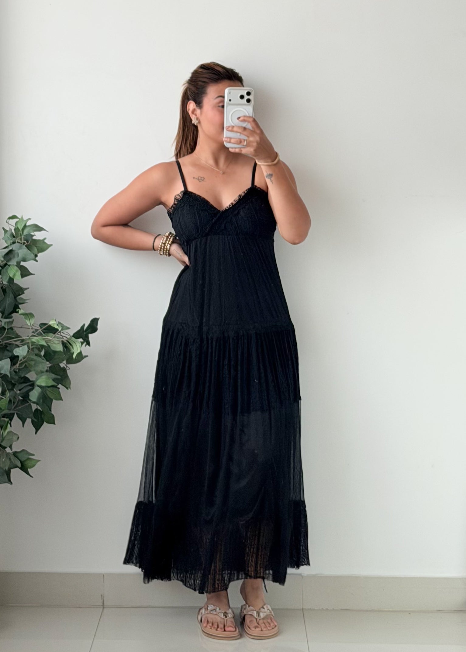 Size XS-M Black Tiered Crochet padded Maxi Dress
