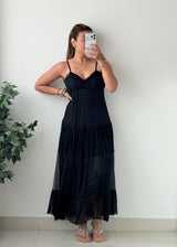 Size XS-M Black Tiered Crochet padded Maxi Dress