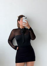 Size M-L Black Sheer Tie-Neck Bodysuit