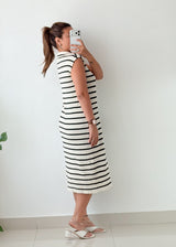 Size M-L Black White Striped Polo Midi Dress