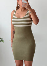 Size S-M Olive Green Striped Bodycon Mini Dress