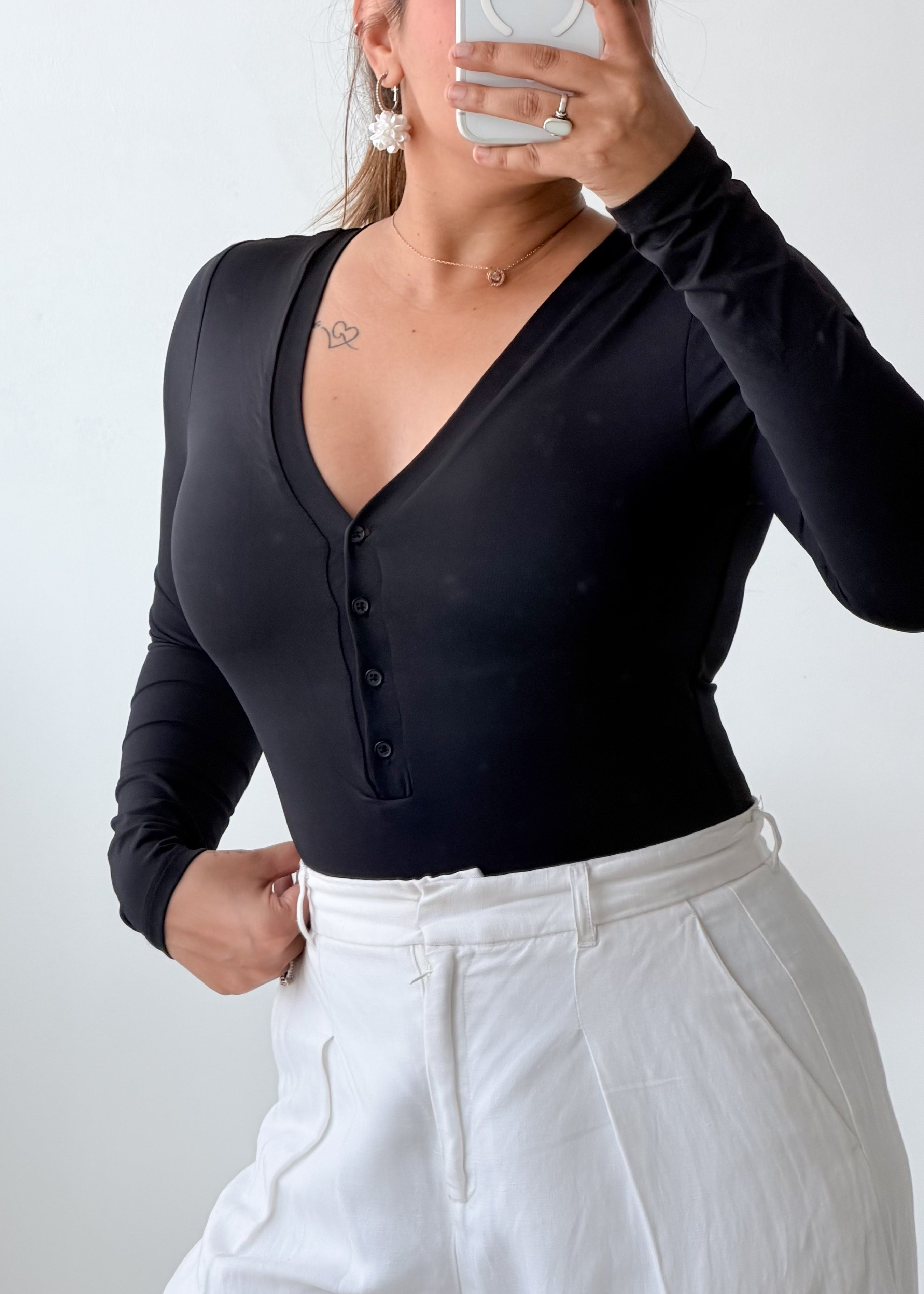 Size XS-S Black Button-Front V-Neck Bodysuit