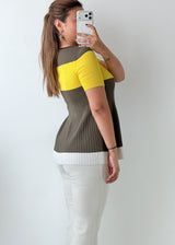 Size S-M Olive Yellow Colorblock Zip-Front Top